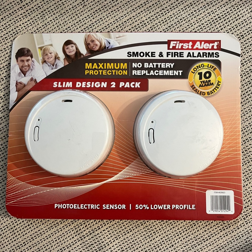 First Alert Slim Design Smoke Fire Alarms 2 Pack 10 Year Sealed Battery P1210CP2